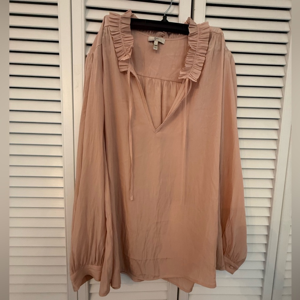 Joie Blouse Blush Sz L Balloon Sleeve Ruched Cuffs Keyhole Neck Boho Romantic